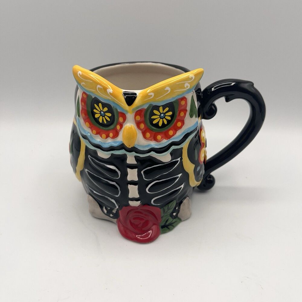 Cracker Barrel Sugar Skull Owl Day of the Dead Ceramic 20oz Coffee Mug Cup